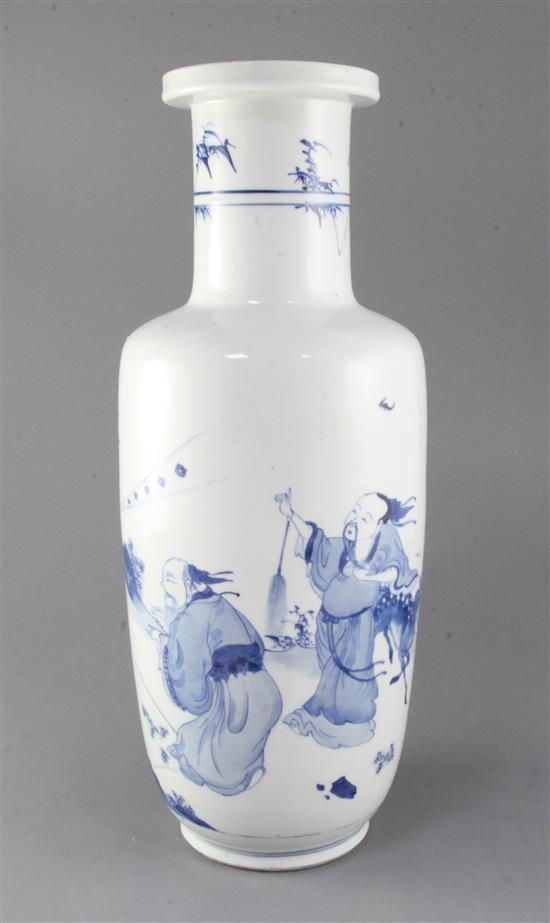 A large Chinese blue and white rouleau vase, Kangxi period (1662-1722), 46.5cm, hairline body cracks